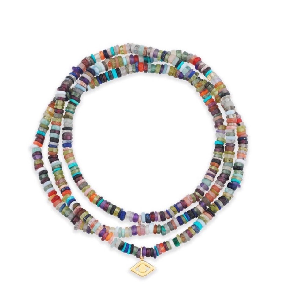 SYDNEY EVAN PURE 14K GOLD EYE ON RAINBOW HEISHI NECKLACE 26”